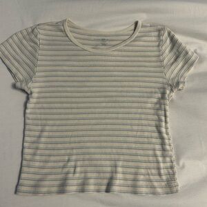 Brandy Melville Cream and Blue Striped Short Sleeve Tee